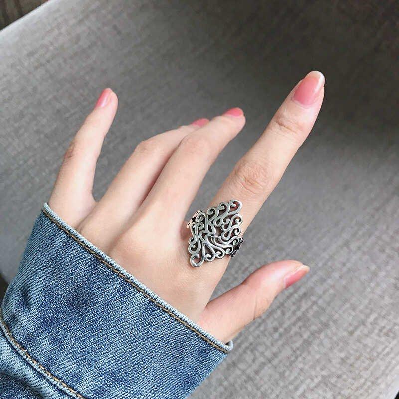 S925 silver ring retro Chinese style diamond hollow ring peacock auspicious cloud personality simple Thai silver open mouth ring for women