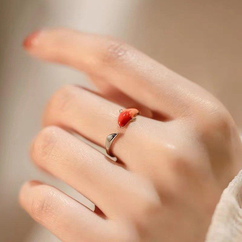 S925 silver transfer silver China-Chic like a fish in water koi enamel ring for female gradual change lovely female opening index finger end ring