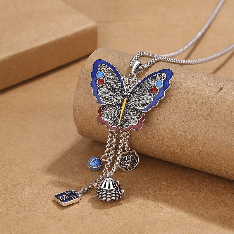 Vintage ethnic scenery, Thai blue butterfly necklace, feminine temperament, Thai silver antique craftsmanship, DIY pendant, long sweater chain