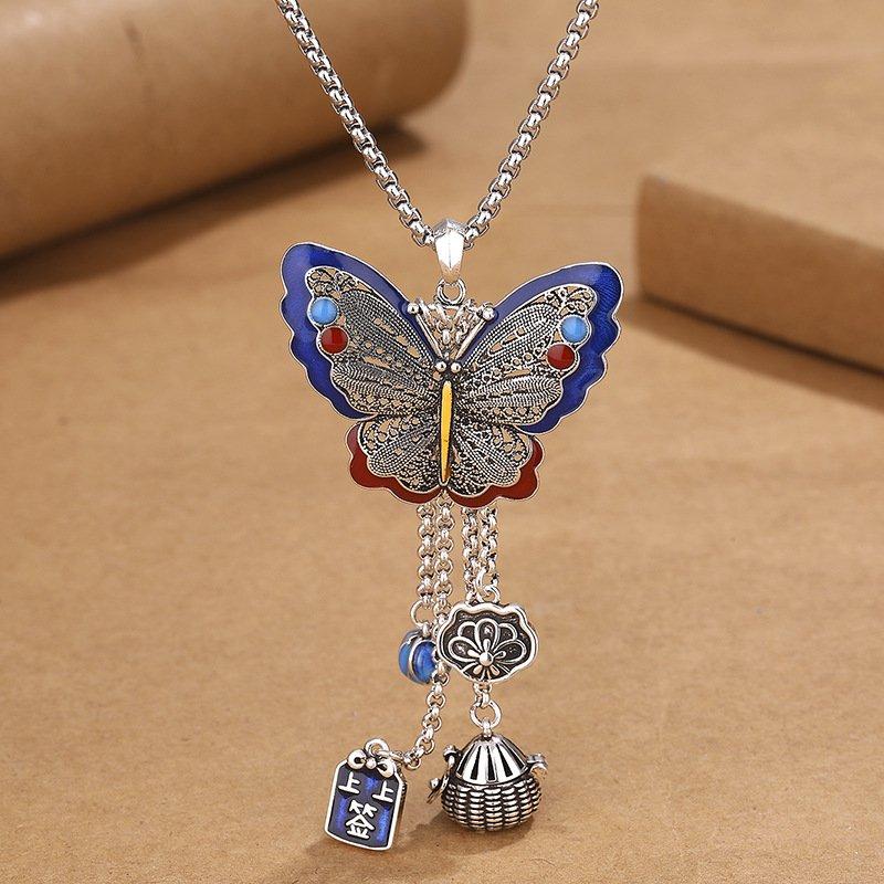 Vintage ethnic scenery, Thai blue butterfly necklace, feminine temperament, Thai silver antique craftsmanship, DIY pendant, long sweater chain