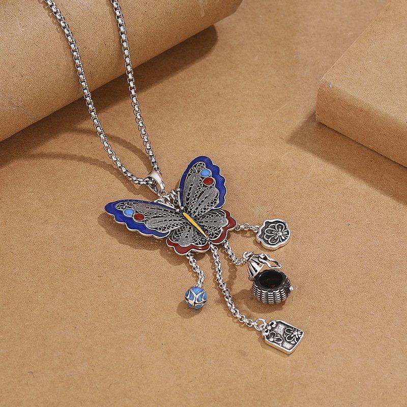 Vintage ethnic scenery, Thai blue butterfly necklace, feminine temperament, Thai silver antique craftsmanship, DIY pendant, long sweater chain