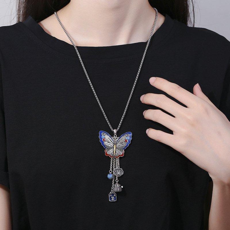 Vintage ethnic scenery, Thai blue butterfly necklace, feminine temperament, Thai silver antique craftsmanship, DIY pendant, long sweater chain