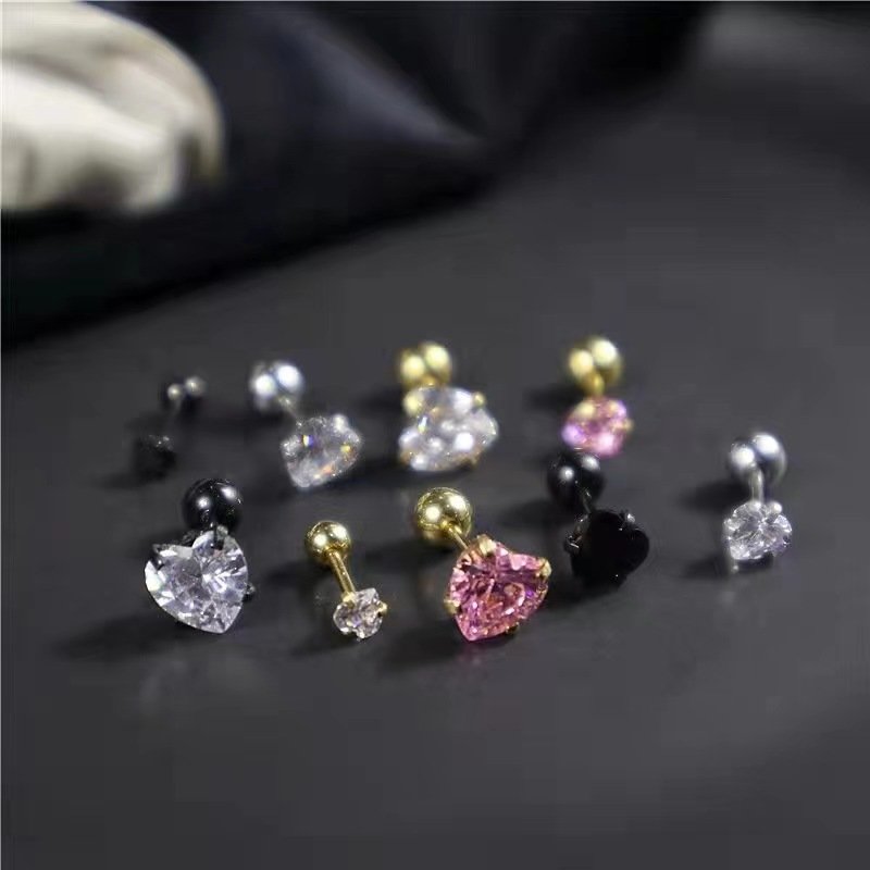 0.8 thin rod Korean version titanium steel three claw heart AAA zircon earrings for women, simple diamond studded earrings, super sparkling fine stud post earrings