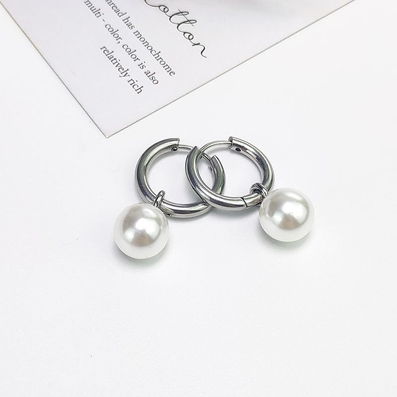 2021 New Pearl Eardrop Earrings Titanium Steel Earrings with Earholes Hip Hop Style Trendy Style Versatile for Men and Women