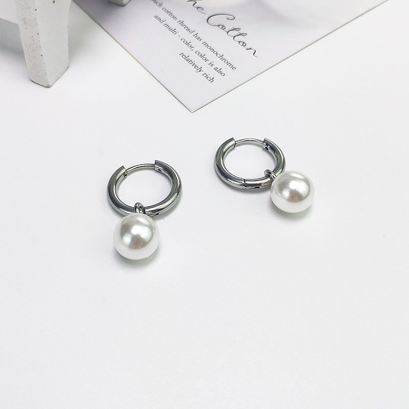 2021 New Pearl Eardrop Earrings Titanium Steel Earrings with Earholes Hip Hop Style Trendy Style Versatile for Men and Women