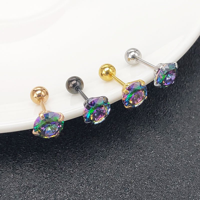 2021 New Trendy Zircon Ear Bone Small Earnail Fine stud post Female Cartilage Screw Buckle Imitation Diamond Titanium Steel Single