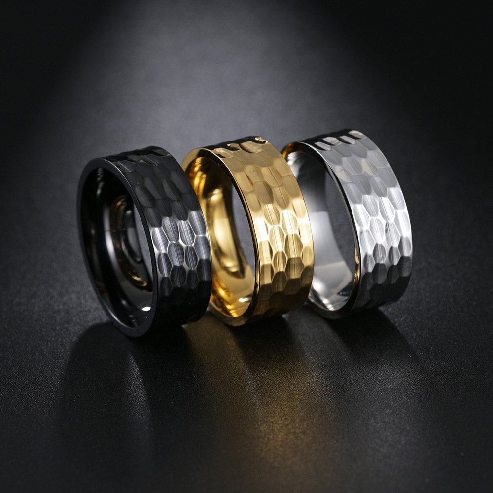 8MM Wide Vacuum Plated European and American New Trendy Men's Titanium Steel Ring with Batch Flower Punching Pattern Retro Style Jewelry