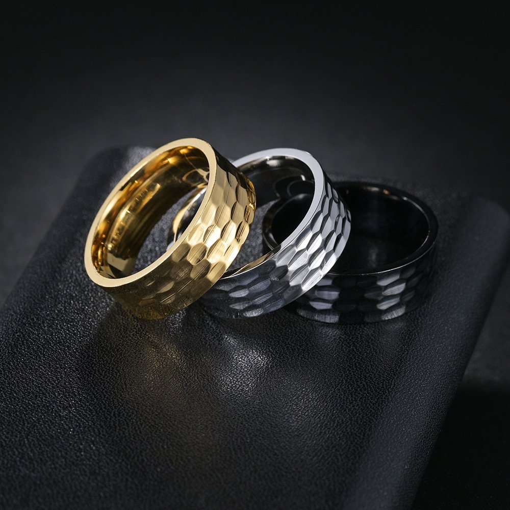 8MM Wide Vacuum Plated European and American New Trendy Men's Titanium Steel Ring with Batch Flower Punching Pattern Retro Style Jewelry