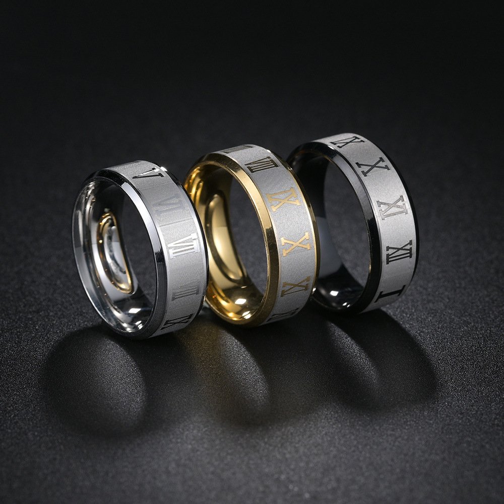 8mm wide Roman numeral stainless steel ring in US size, vacuum electroplated ring, popular European and American jewelry