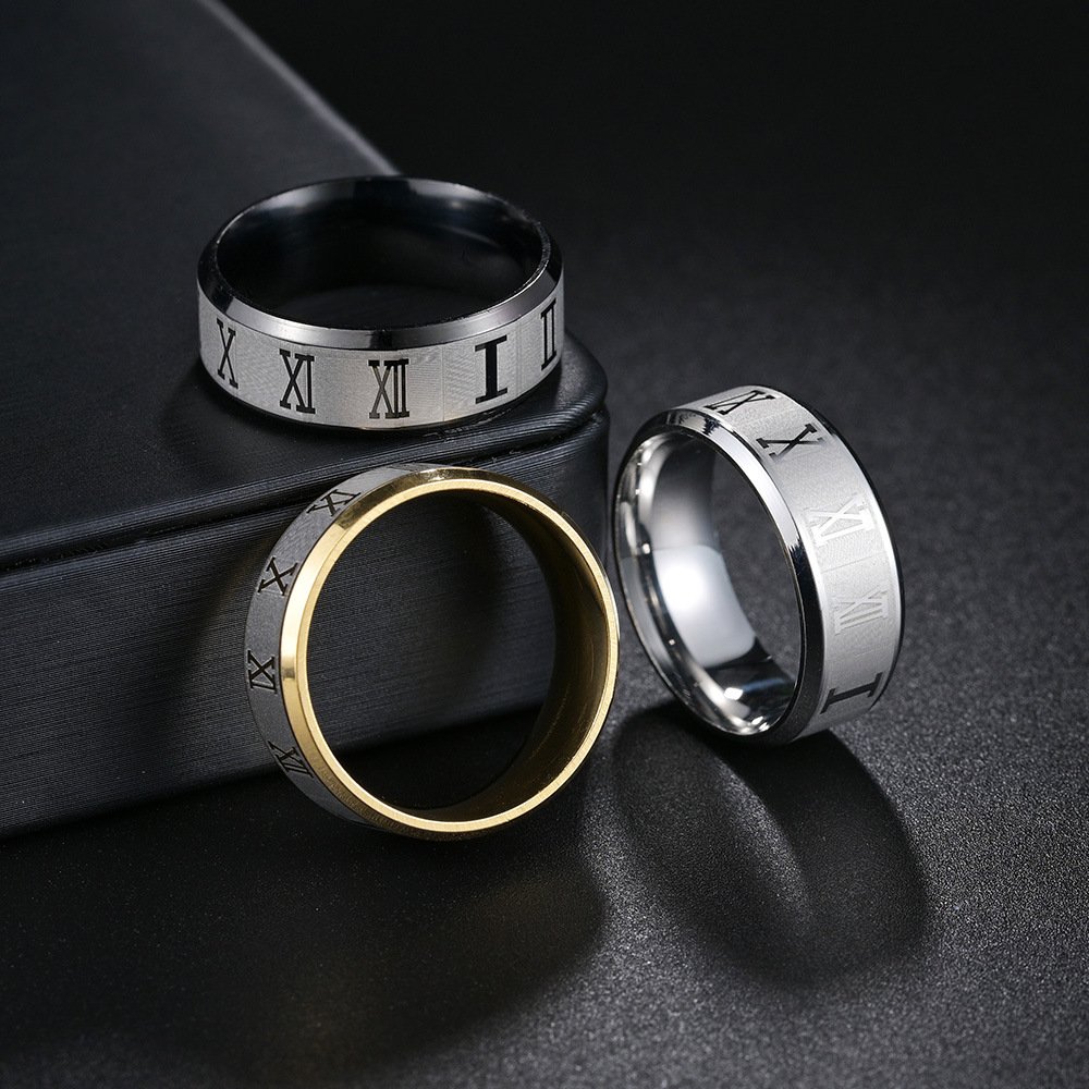 8mm wide Roman numeral stainless steel ring in US size, vacuum electroplated ring, popular European and American jewelry