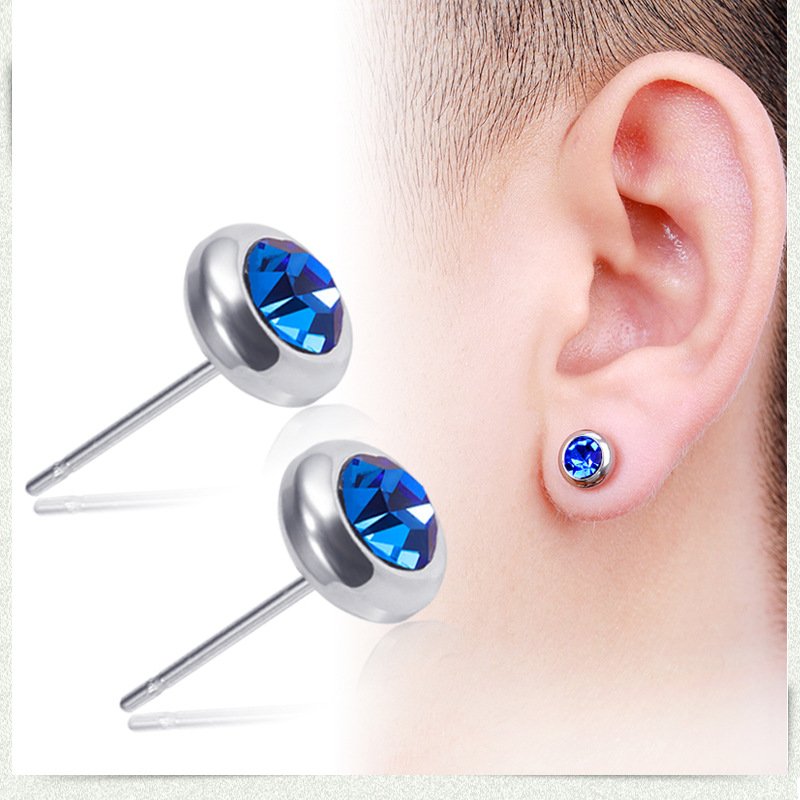 Earrings made of male titanium steel, Korean style, blue diamond, Korean personality, trendy, male creativity, round, female student, male earrings