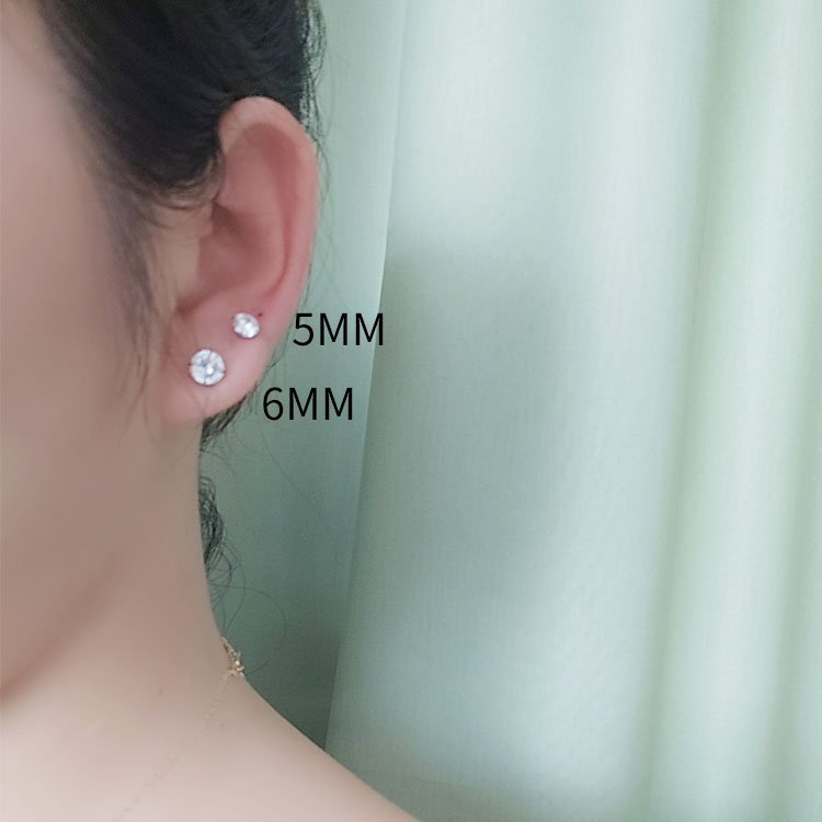 Earstuds, women's diamond earrings, super sparkling double headed zircon, simple and compact ear care stick, titanium steel earrings, Japanese and Korean