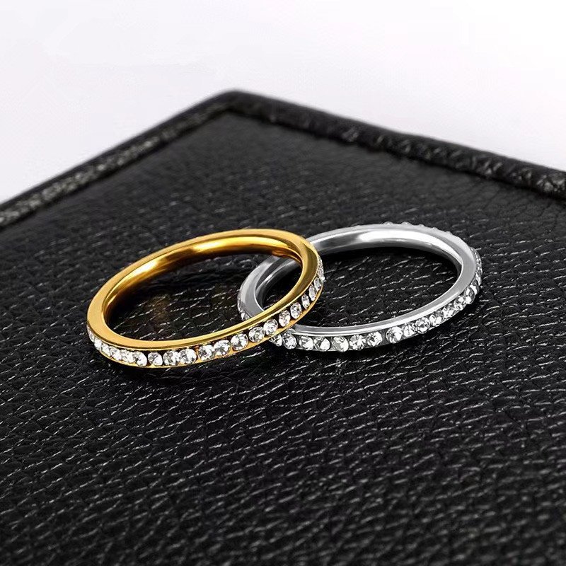 European and American couple ring set with diamonds, men and women 2mm one row diamond stainless steel ring, titanium steel single row diamond ring