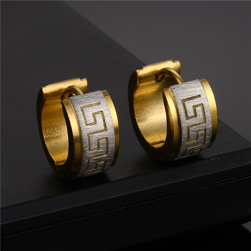 European and American fashion trend stainless steel earrings, Great Wall pattern earrings, personalized hip-hop titanium steel ear buckles earrings