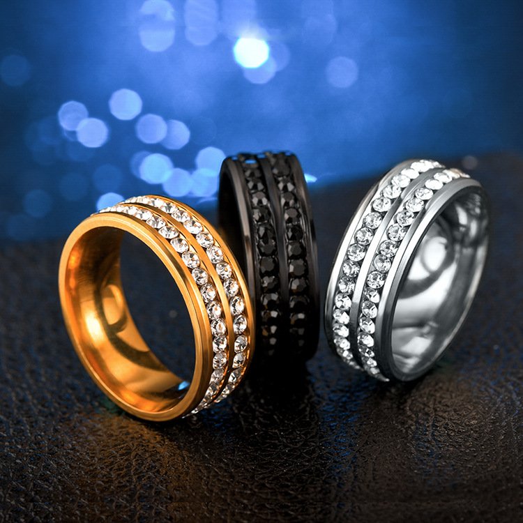 European and American popular titanium steel double row diamond ring Korean version fashionable stainless steel diamond inlaid couple finger ring women's jewelry