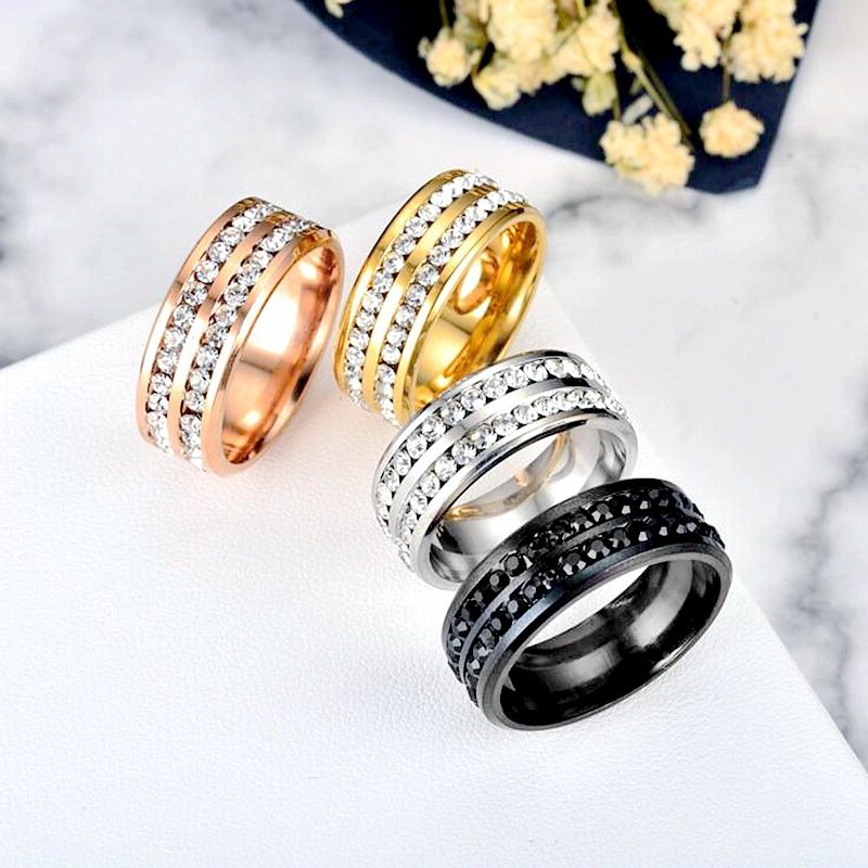 European and American popular titanium steel double row diamond ring Korean version fashionable stainless steel diamond inlaid couple finger ring women's jewelry