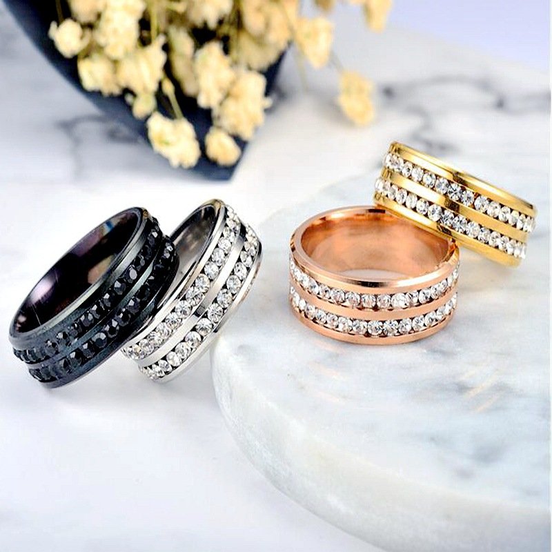 European and American popular titanium steel double row diamond ring Korean version fashionable stainless steel diamond inlaid couple finger ring women's jewelry