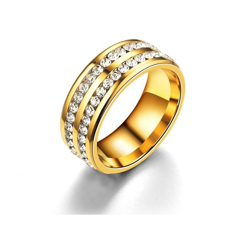 European and American popular titanium steel double row diamond ring Korean version fashionable stainless steel diamond inlaid couple finger ring women's jewelry