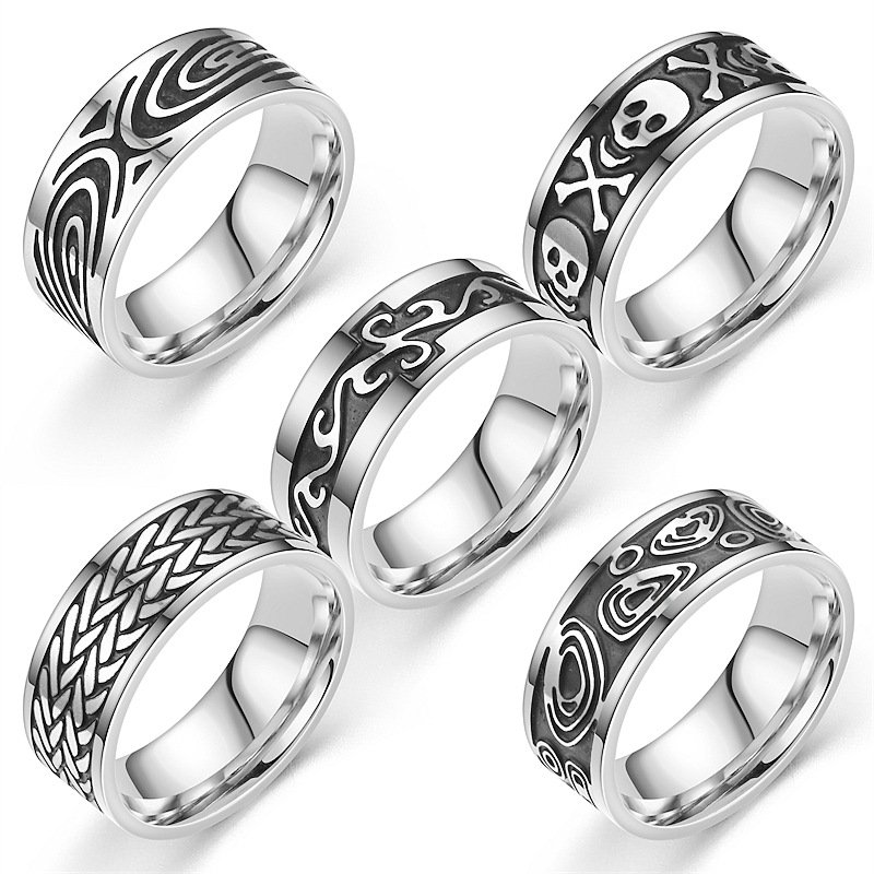 European and American retro style titanium steel ring, fashionable carving and oiling men's ring, Xiyin source