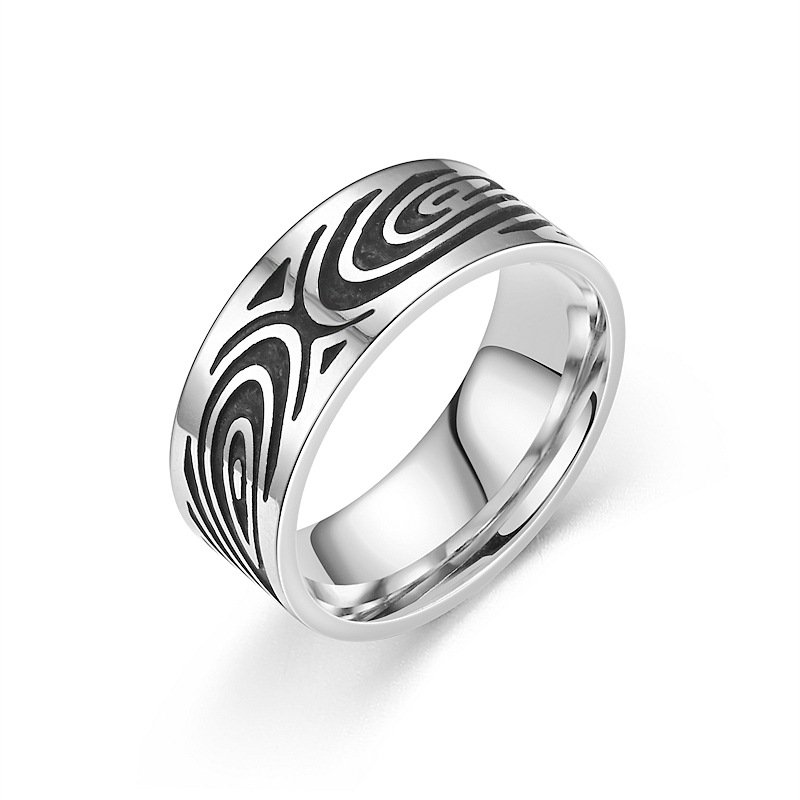 European and American retro style titanium steel ring, fashionable carving and oiling men's ring, Xiyin source