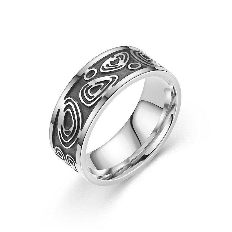 European and American retro style titanium steel ring, fashionable carving and oiling men's ring, Xiyin source