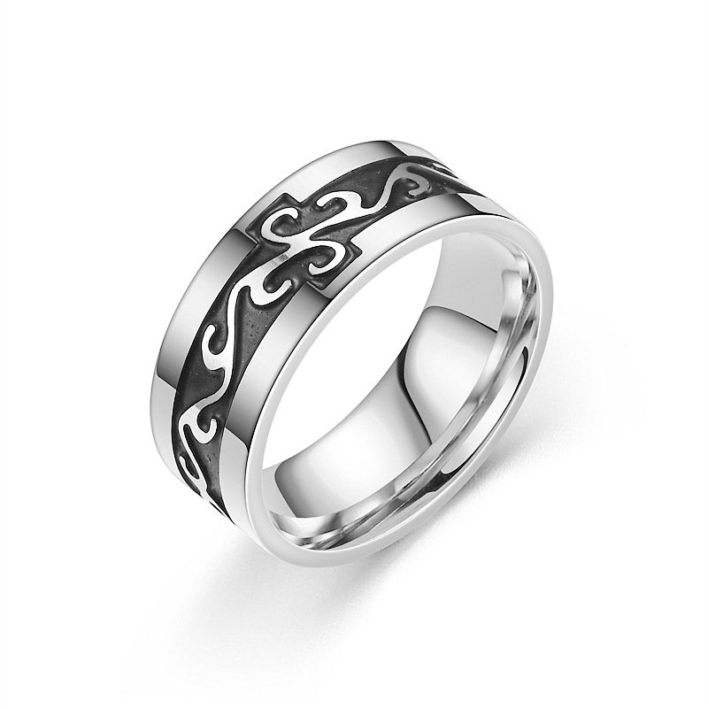 European and American retro style titanium steel ring, fashionable carving and oiling men's ring, Xiyin source