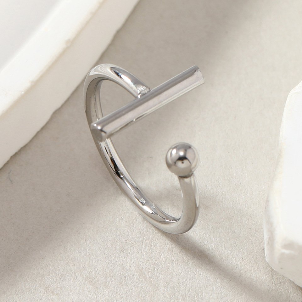 European and American simple and fashionable T-shaped geometric steel wire welded steel ball opening titanium steel ring versatile stainless steel decoration