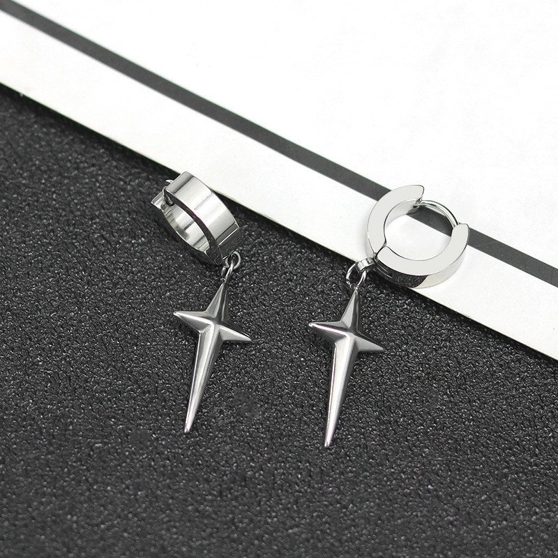 European and American stainless steel round trendy men's ear buckle cross pendant earrings, men's personality versatile titanium steel square star earrings