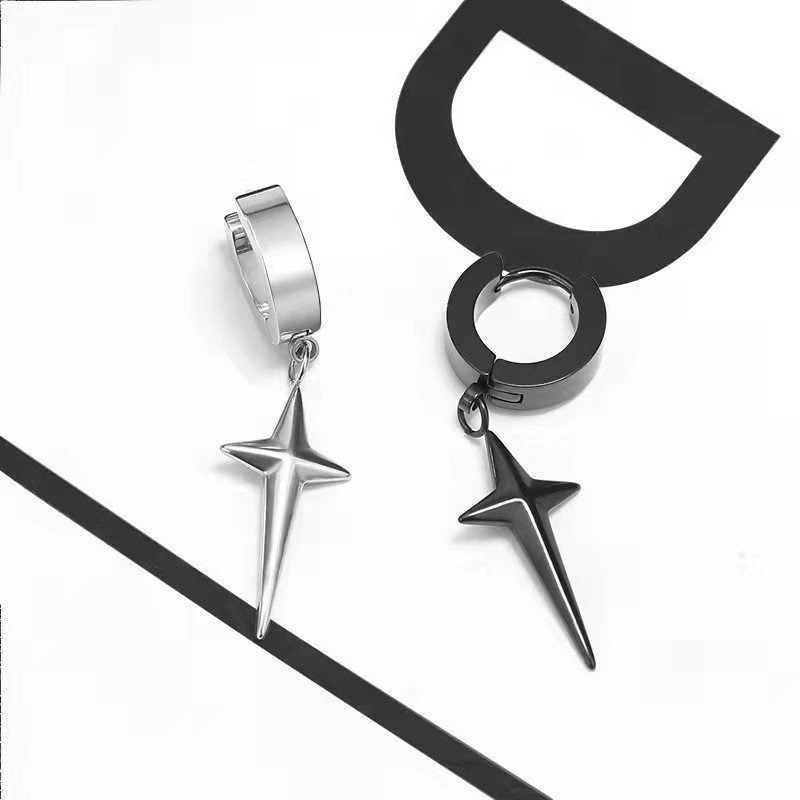 European and American stainless steel round trendy men's ear buckle cross pendant earrings, men's personality versatile titanium steel square star earrings