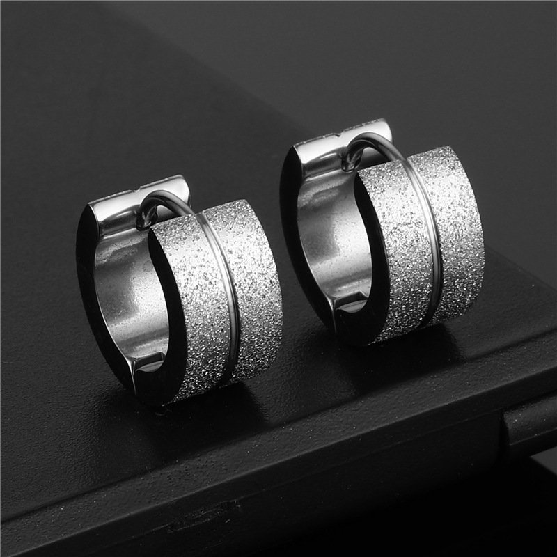 European and American titanium steel sandblasted frosted center line ear buckle circular earrings stud trendy men's Japanese, Korean, American fashion earrings earrings earrings