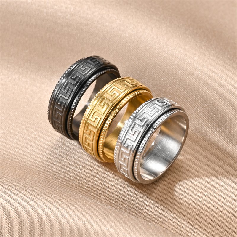 Explosive Titanium Steel Ring with Male Embossed Great Wall Pattern Rotating Couple Ring, Stress Relieving and Anti Anxiety Rotating Ring