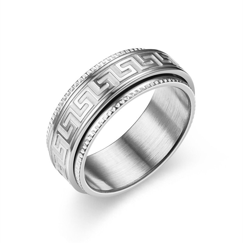 Explosive Titanium Steel Ring with Male Embossed Great Wall Pattern Rotating Couple Ring, Stress Relieving and Anti Anxiety Rotating Ring