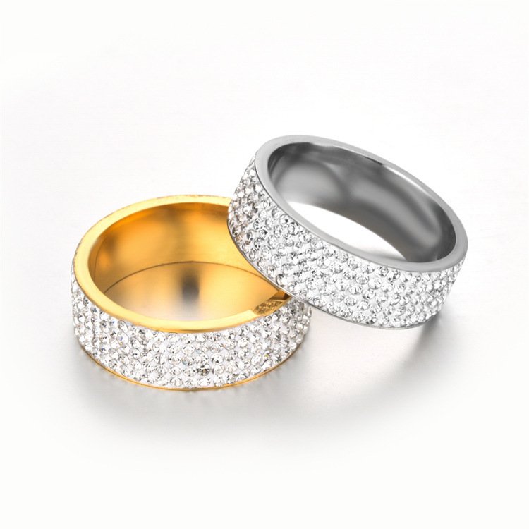 Explosive factory source of five row diamond rings, European and American fashionable stainless steel couple rings, jewelry