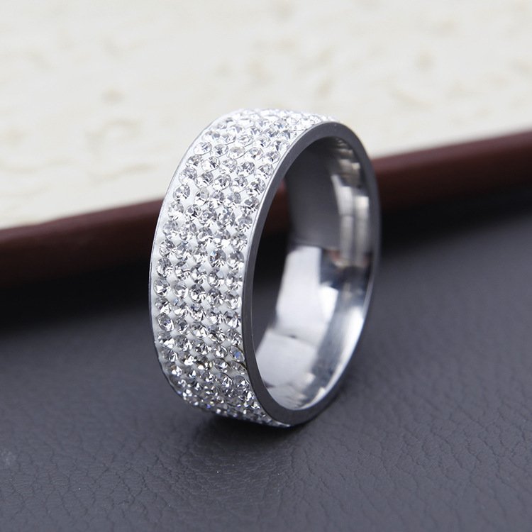 Explosive factory source of five row diamond rings, European and American fashionable stainless steel couple rings, jewelry