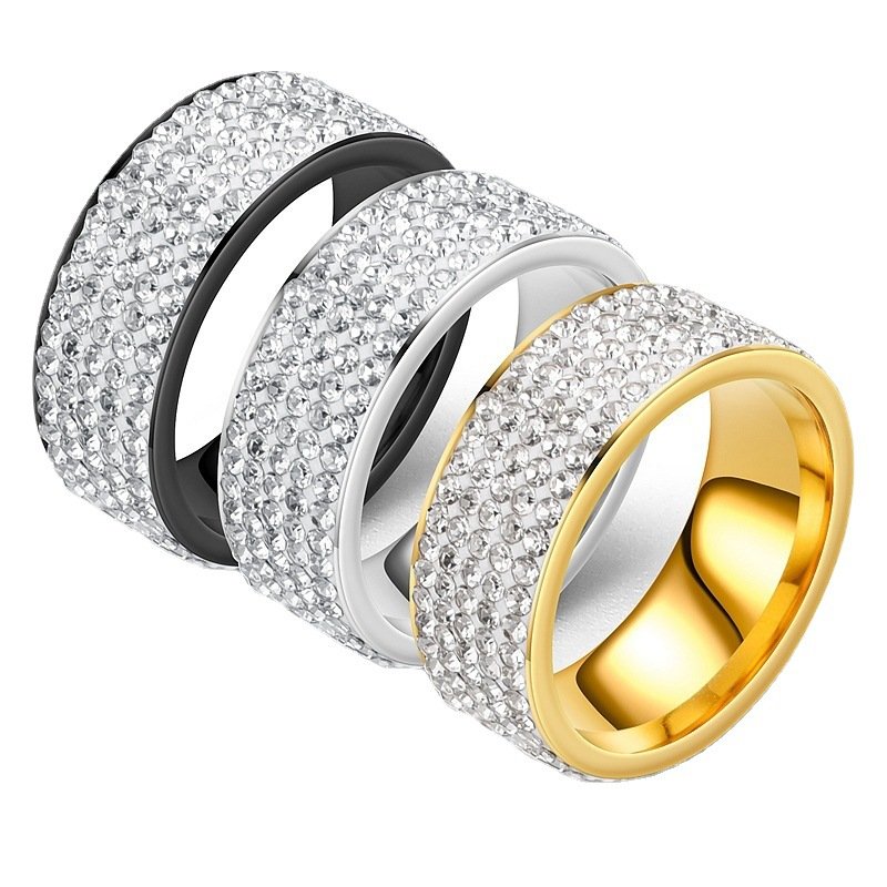 Explosive factory source of five row diamond rings, European and American fashionable stainless steel couple rings, jewelry