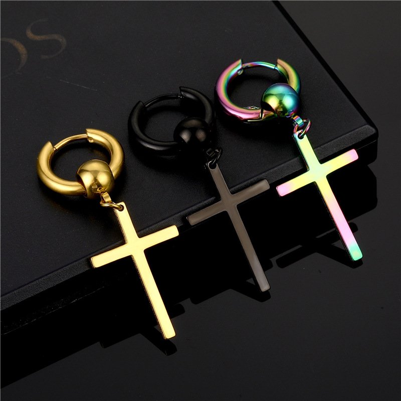 Fashionable Titanium Steel Earrings, Ear Bone Buckles, Trendy Accessories, Versatile, Personalized Round Thread Earrings, Men's Stainless Steel Cross