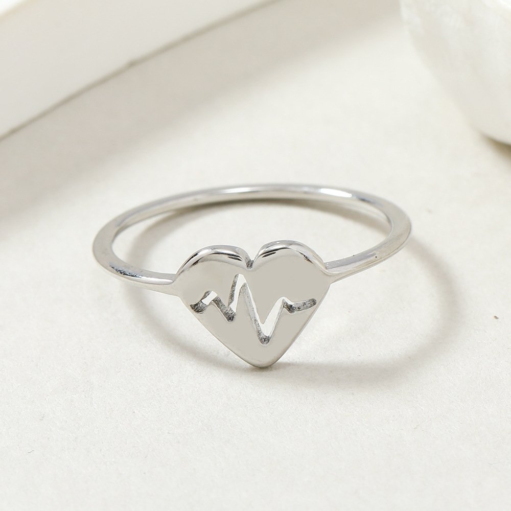 Fashionable heart stainless steel ring, women's color does not fade, electrocardiogram couple ring, versatile and personalized jewelry