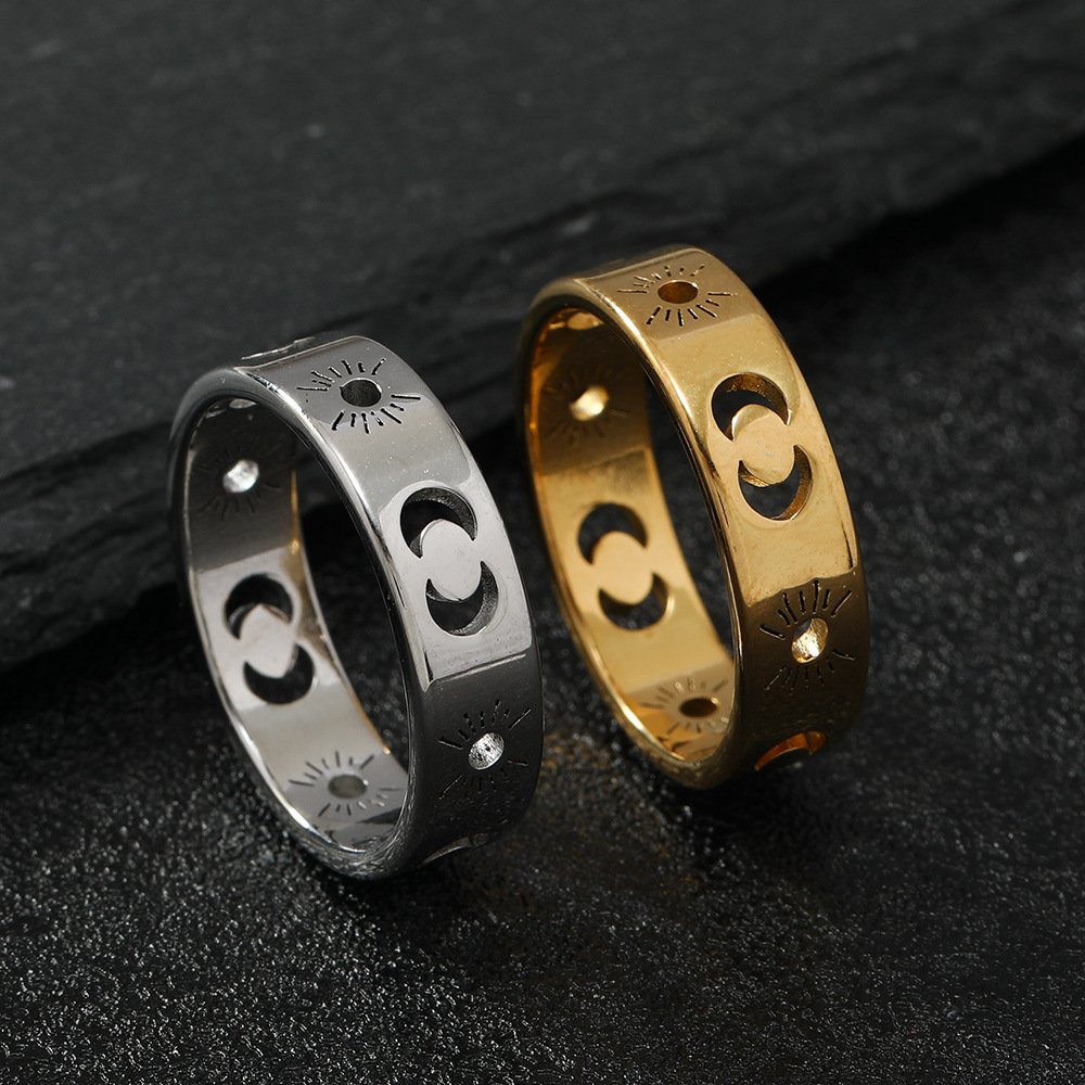 Fashionable new titanium steel ring cutting hollow out sun moon gold couple stainless steel jewelry