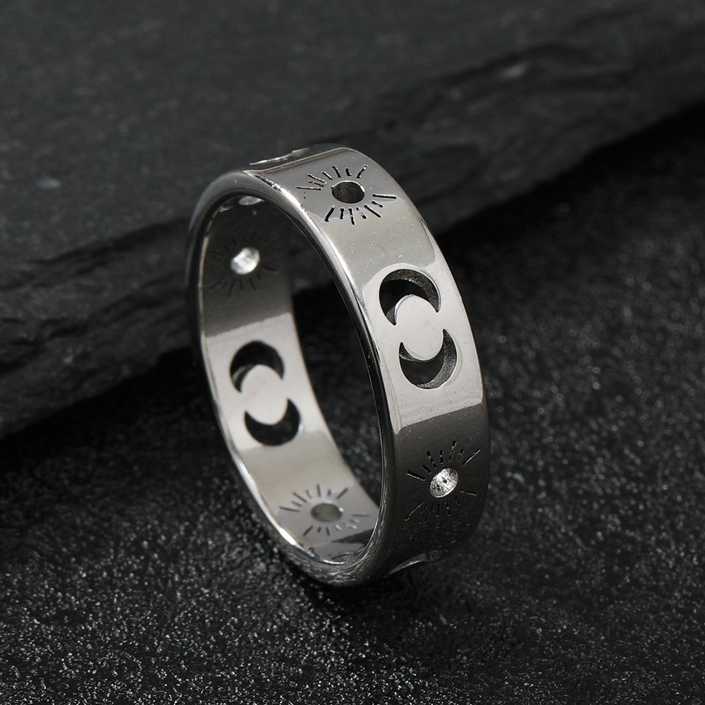 Fashionable new titanium steel ring cutting hollow out sun moon gold couple stainless steel jewelry