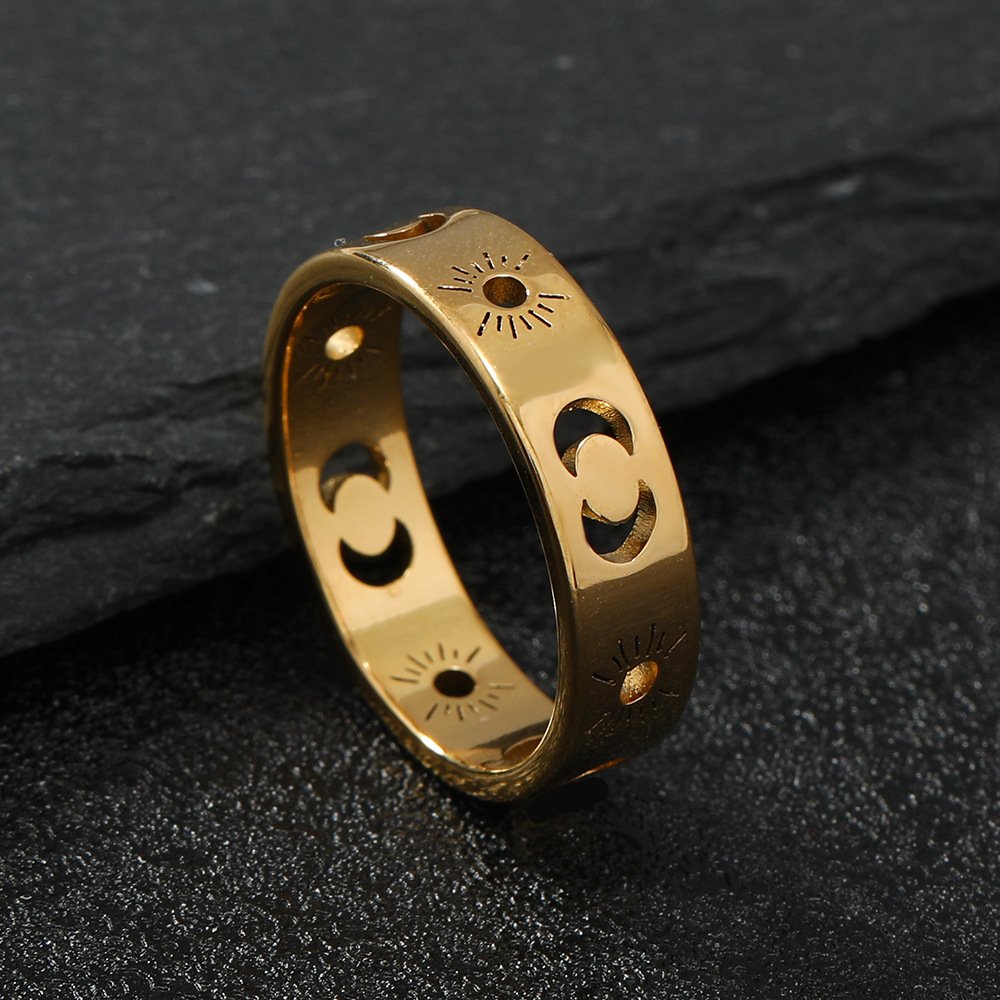 Fashionable new titanium steel ring cutting hollow out sun moon gold couple stainless steel jewelry