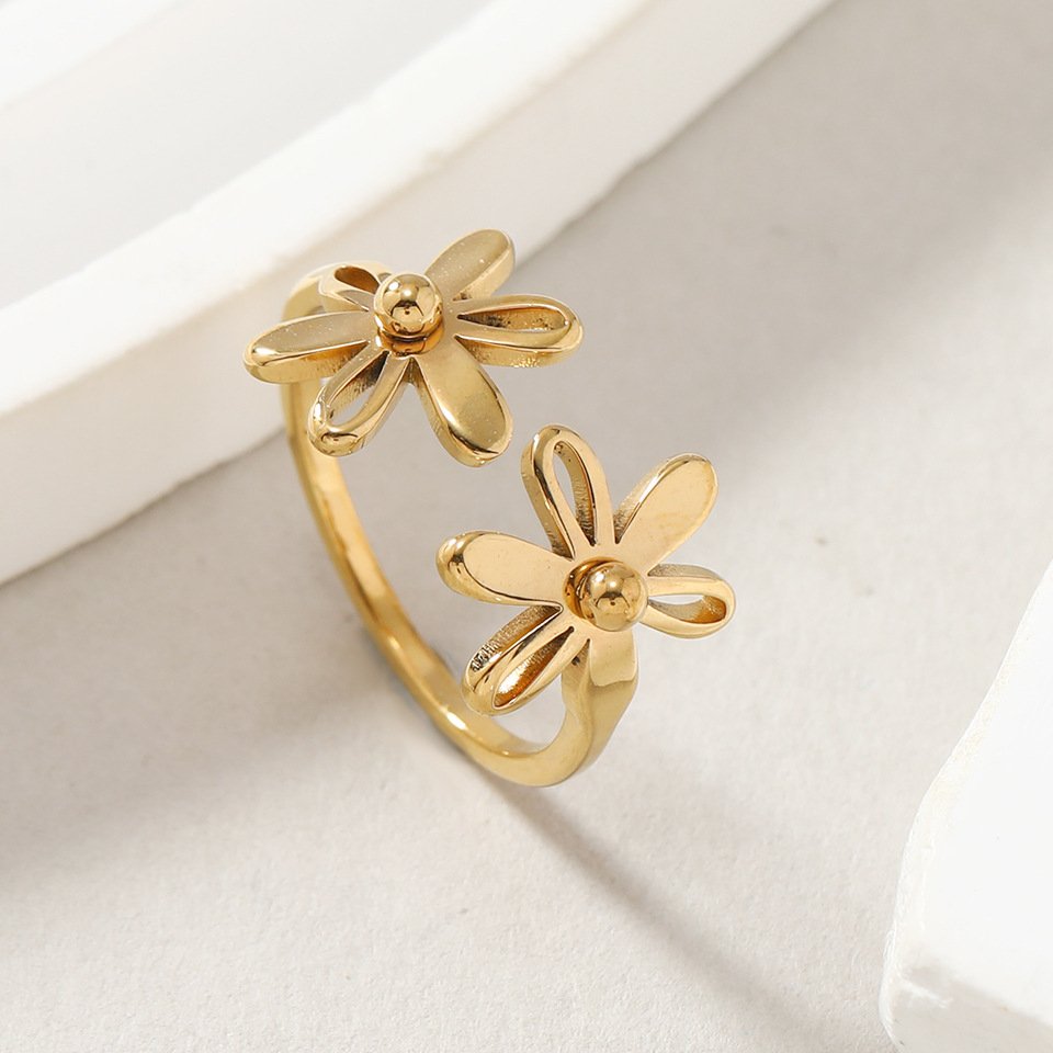 Fashionable titanium steel ring, niche and high-end, double-layer flower opening adjustable ring, stainless steel decoration