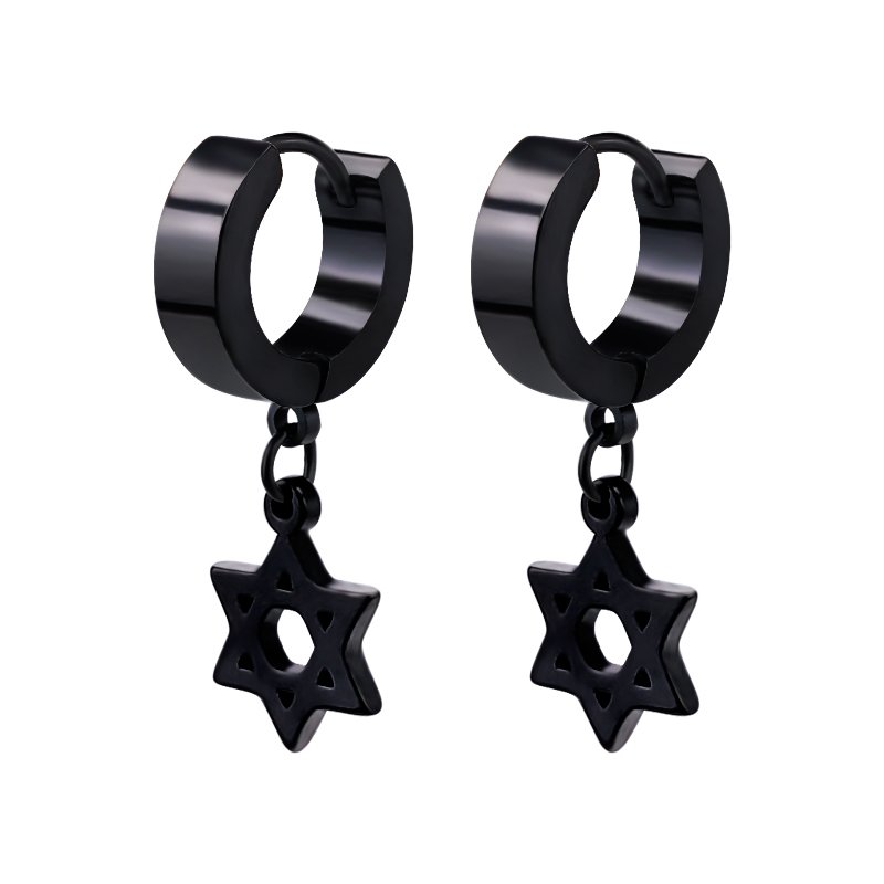 Hexagonal Star Earrings, Personalized Hip Hop Black Earrings, Japanese and Korean Titanium Steel Male and Female Earrings, Cold Wind Earpins, Trendy Earrings