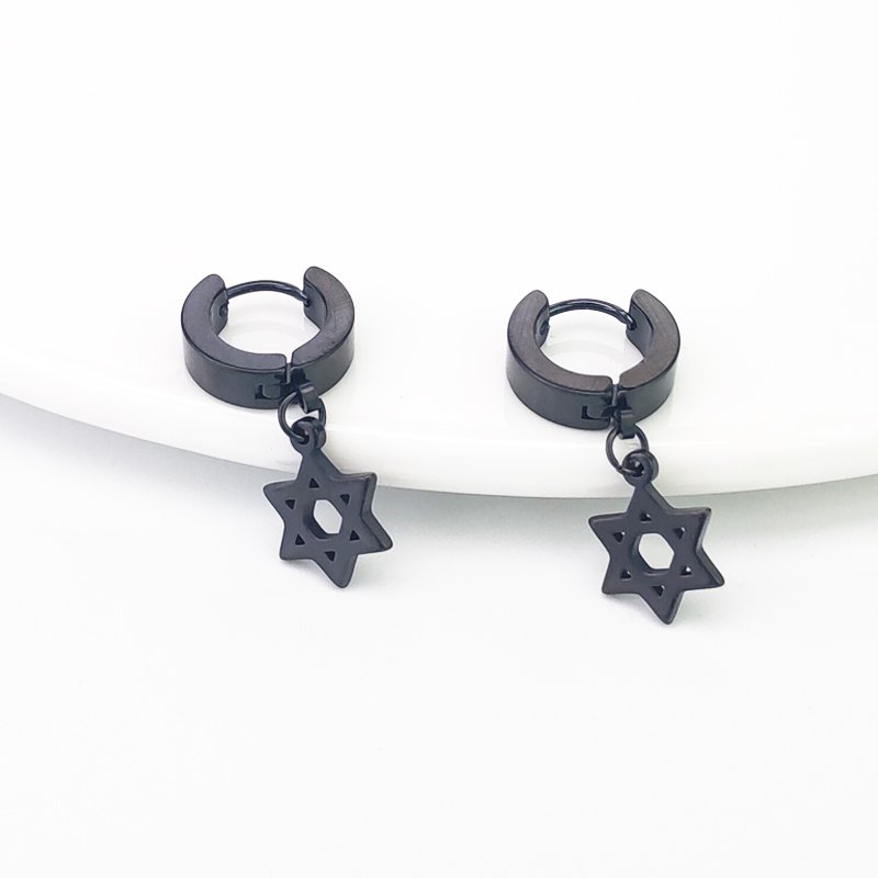 Hexagonal Star Earrings, Personalized Hip Hop Black Earrings, Japanese and Korean Titanium Steel Male and Female Earrings, Cold Wind Earpins, Trendy Earrings