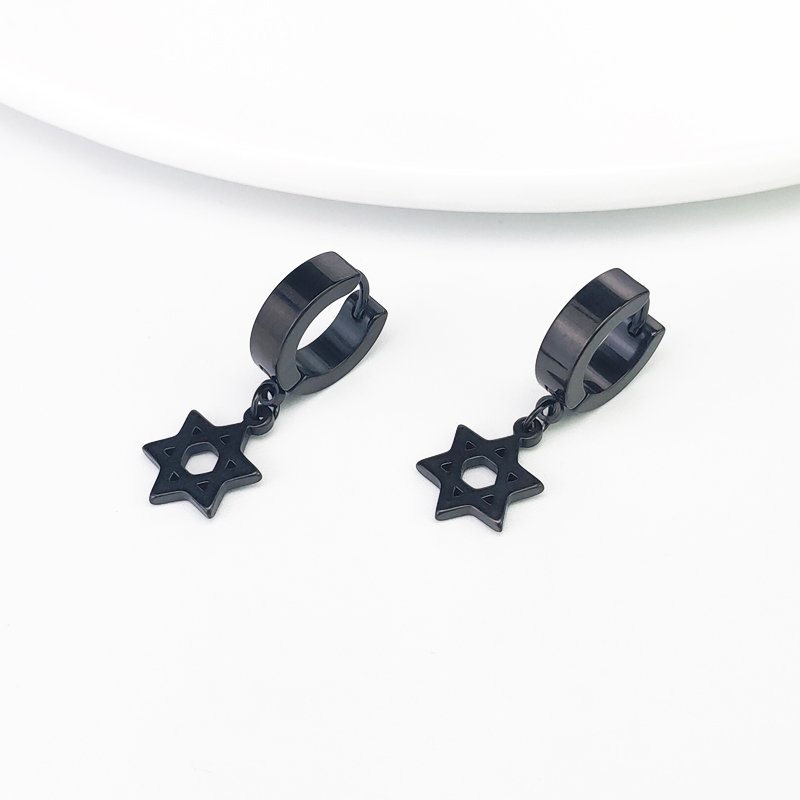 Hexagonal Star Earrings, Personalized Hip Hop Black Earrings, Japanese and Korean Titanium Steel Male and Female Earrings, Cold Wind Earpins, Trendy Earrings