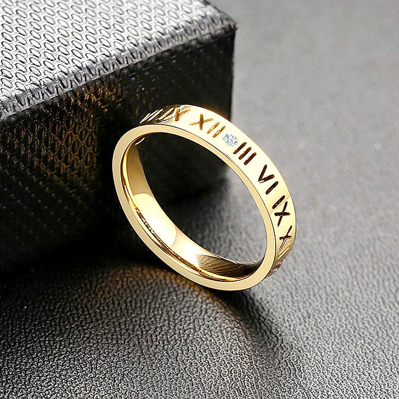 High end trendy titanium steel couple ring, women's Roman numeral zircon inlaid ring, men's Korean version popular accessory