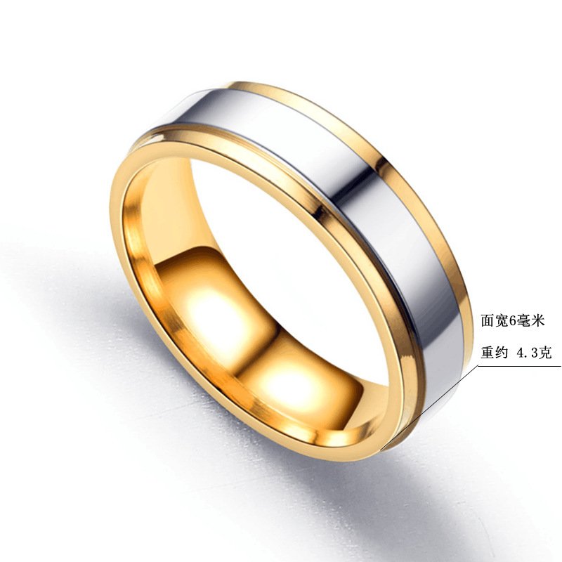 Hot selling gold dual tone titanium steel couple ring, European and American niche stainless steel smooth surface ring jewelry