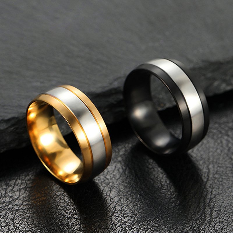 Hot selling stainless steel jewelry 8MM inner and outer ball splicing color dual color middle groove matte titanium steel ring