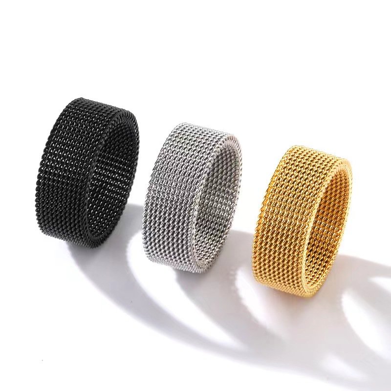 Hot selling stainless steel jewelry 8MM mesh ring, wide face variable shape titanium steel ring, trendy for men and women