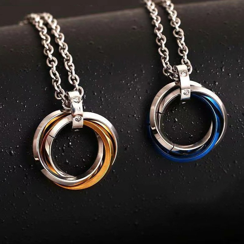 Hot selling stainless steel three ring necklace in Europe and America, simple and non fading men's hip-hop style titanium steel diamond inlaid pendant decoration