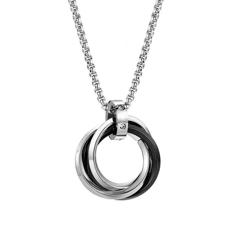 Hot selling stainless steel three ring necklace in Europe and America, simple and non fading men's hip-hop style titanium steel diamond inlaid pendant decoration